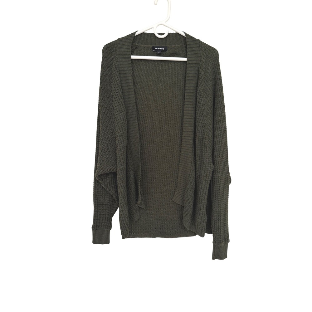 Express Olive Green Waffle Knit Batwing Open Front Cardigan Sweater Womens Small